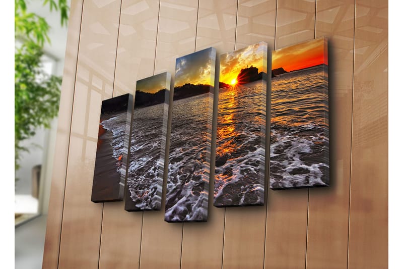 Stort lerretsbilde i 5 deler 105x70 cm - Solnedgang over havet med refleksjoner i vannet - Oransje / Blå / Grå - Interiør - Maleri & posters - Lerretsbilder