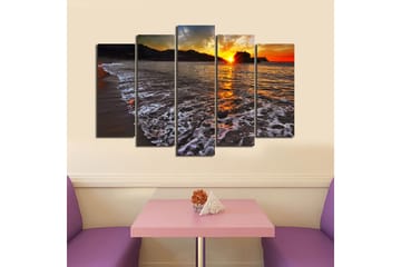 Stort lerretsbilde i 5 deler 105x70 cm - Solnedgang over havet med refleksjoner i vannet - Oransje / Blå / Grå - Interiør - Maleri & posters - Lerretsbilder