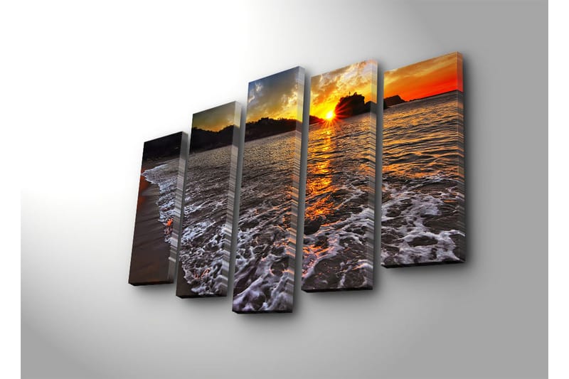 Stort lerretsbilde i 5 deler 105x70 cm - Solnedgang over havet med refleksjoner i vannet - Oransje / Blå / Grå - Interiør - Maleri & posters - Lerretsbilder