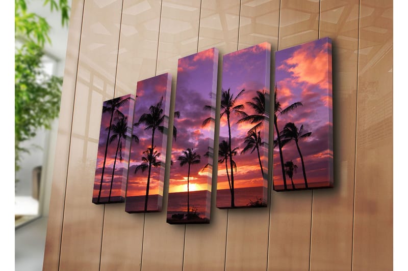 Stort lerretsbilde i 5 deler 105x70 cm - Solnedgang over havet med palmer i silhuett - Lilla / Oransje / Svart - Interiør - Maleri & posters - Lerretsbilder