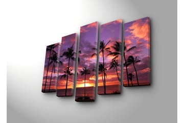 Stort lerretsbilde i 5 deler 105x70 cm - Solnedgang over havet med palmer i silhuett - Lilla / Oransje / Svart - Interiør - Maleri & posters - Lerretsbilder