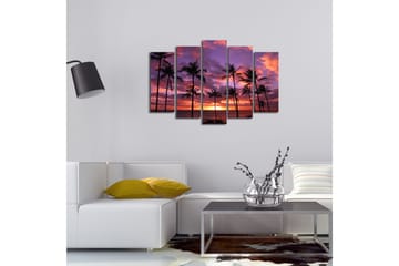 Stort lerretsbilde i 5 deler 105x70 cm - Solnedgang over havet med palmer i silhuett - Lilla / Oransje / Svart - Interiør - Maleri & posters - Lerretsbilder