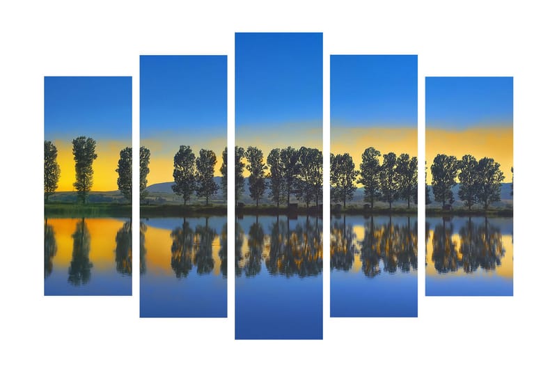 Stort lerretsbilde i 5 deler 105x70 cm - Speilbilde av trær langs en innsjø ved solnedgang - Blå / Gul / Grønn - Interiør - Maleri & posters - Lerretsbilder