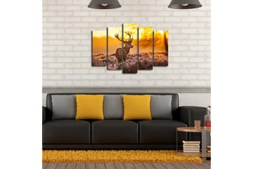 Stort lerretsbilde i 5 deler 105x70 cm - Statlig elg i soloppgangens gylne lys - Gull / Brun / Beige - Interiør - Maleri & posters - Lerretsbilder