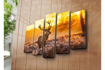Stort lerretsbilde i 5 deler 105x70 cm - Statlig elg i soloppgangens gylne lys - Gull / Brun / Beige - Interiør - Maleri & posters - Lerretsbilder