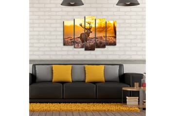 Stort lerretsbilde i 5 deler 105x70 cm - Statlig elg i soloppgangens gylne lys - Gull / Brun / Beige - Interiør - Maleri & posters - Lerretsbilder