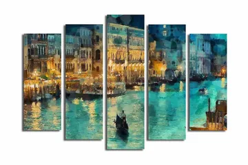 Stort lerretsbilde i 5 deler 105x70 cm - Stemningsfull utsikt over en kanal med gondoler i kveldslys - Turkis / Gull / Mørkeblå - Interiør - Maleri & posters - Lerretsbilder