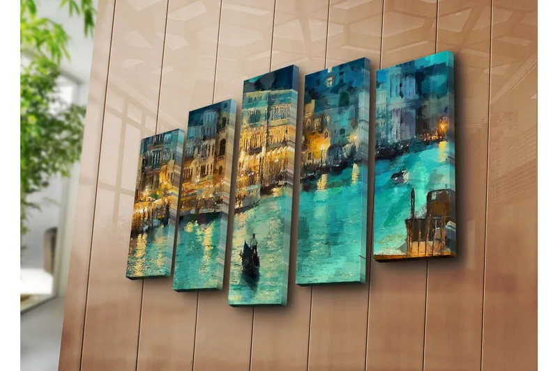 Stort lerretsbilde i 5 deler 105x70 cm - Stemningsfull utsikt over en kanal med gondoler i kveldslys - Turkis / Gull / Mørkeblå - Interiør - Maleri & posters - Lerretsbilder