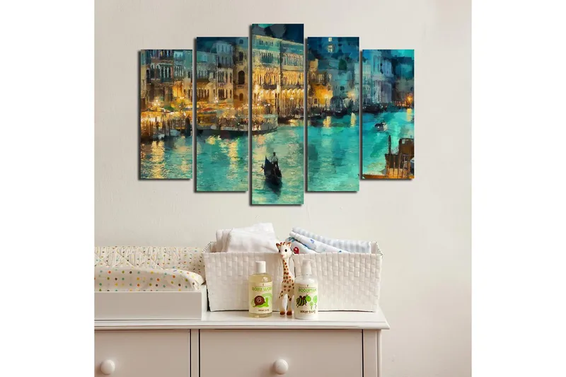 Stort lerretsbilde i 5 deler 105x70 cm - Stemningsfull utsikt over en kanal med gondoler i kveldslys - Turkis / Gull / Mørkeblå - Interiør - Maleri & posters - Lerretsbilder