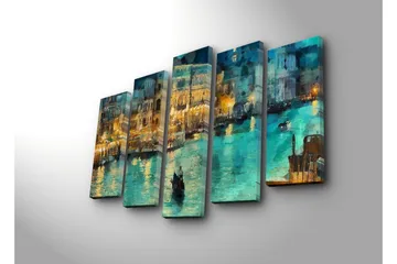 Stort lerretsbilde i 5 deler 105x70 cm - Stemningsfull utsikt over en kanal med gondoler i kveldslys - Turkis / Gull / Mørkeblå - Interiør - Maleri & posters - Lerretsbilder