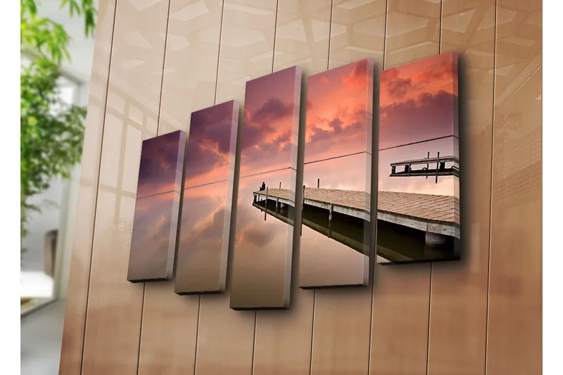 Stort lerretsbilde i 5 deler 105x70 cm - Stillhet ved en brygge i solnedgangens lys - Lilla / Rosa / Beige - Interiør - Maleri & posters - Lerretsbilder