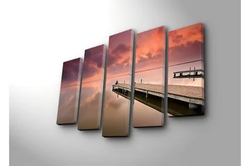 Stort lerretsbilde i 5 deler 105x70 cm - Stillhet ved en brygge i solnedgangens lys - Lilla / Rosa / Beige - Interiør - Maleri & posters - Lerretsbilder