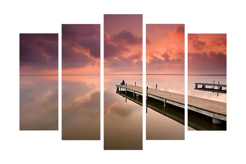Stort lerretsbilde i 5 deler 105x70 cm - Stillhet ved en brygge i solnedgangens lys - Lilla / Rosa / Beige - Interiør - Maleri & posters - Lerretsbilder