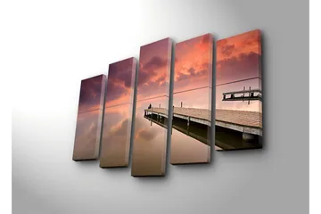 Stort lerretsbilde i 5 deler 105x70 cm - Stillhet ved en brygge i solnedgangens lys - Lilla / Rosa / Beige - Interiør - Maleri & posters - Lerretsbilder