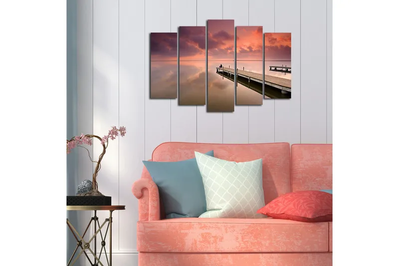Stort lerretsbilde i 5 deler 105x70 cm - Stillhet ved en brygge i solnedgangens lys - Lilla / Rosa / Beige - Interiør - Maleri & posters - Lerretsbilder