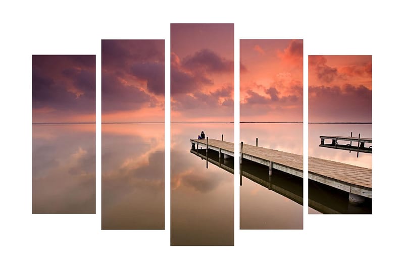 Stort lerretsbilde i 5 deler 105x70 cm - Stillhet ved en brygge i solnedgangens lys, Lilla / Rosa / Beige