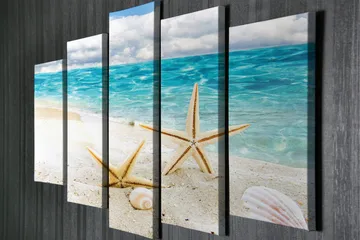 Stort lerretsbilde i 5 deler 105x70 cm - Stjerneformede skjell på en sandstrand ved sjøen - Blå / Beige / Hvit - Interiør - Maleri & posters - Lerretsbilder