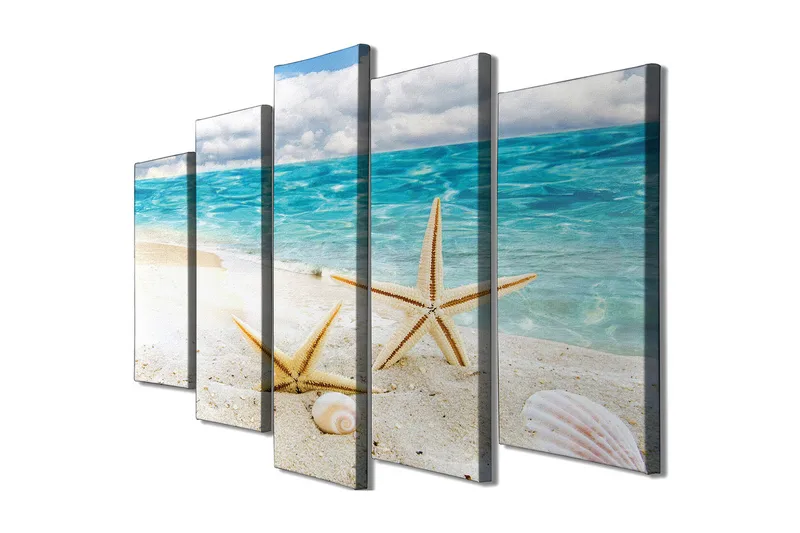 Stort lerretsbilde i 5 deler 105x70 cm - Stjerneformede skjell på en sandstrand ved sjøen - Blå / Beige / Hvit - Interiør - Maleri & posters - Lerretsbilder