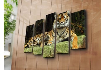 Stort lerretsbilde i 5 deler 105x70 cm - Stolt tiger med unge hvilende på en stein - Oransje / Svart / Beige - Interiør - Maleri & posters - Lerretsbilder