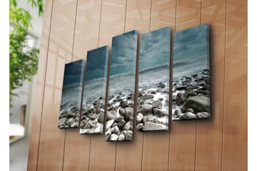 Stort lerretsbilde i 5 deler 105x70 cm - Stormfullt hav med steinete kyster - Mørk blå / Grå / Hvit - Interiør - Maleri & posters - Lerretsbilder