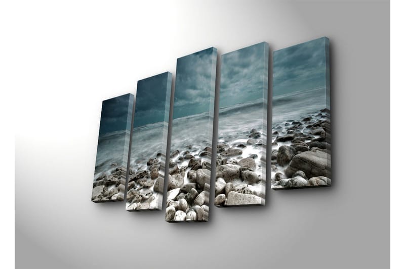 Stort lerretsbilde i 5 deler 105x70 cm - Stormfullt hav med steinete kyster - Mørk blå / Grå / Hvit - Interiør - Maleri & posters - Lerretsbilder