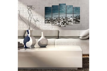 Stort lerretsbilde i 5 deler 105x70 cm - Stormfullt hav med steinete kyster - Mørk blå / Grå / Hvit - Interiør - Maleri & posters - Lerretsbilder