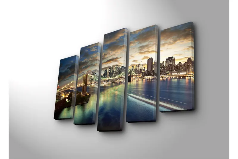 Stort lerretsbilde i 5 deler 105x70 cm - Storslått bybilde med bro og skyskrapere i skumringen - Blå / Gull / Grå - Interiør - Maleri & posters - Lerretsbilder