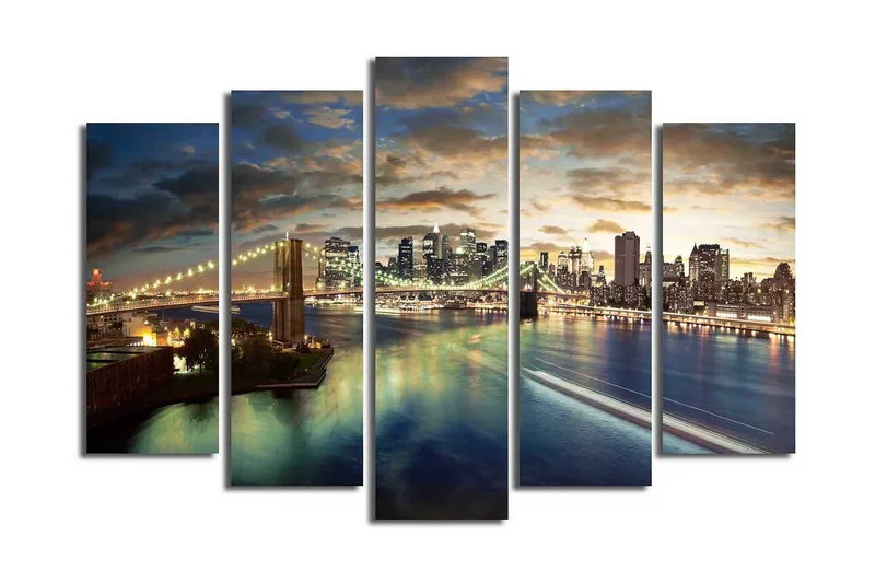 Stort lerretsbilde i 5 deler 105x70 cm - Storslått bybilde med bro og skyskrapere i skumringen - Blå / Gull / Grå - Interiør - Maleri & posters - Lerretsbilder