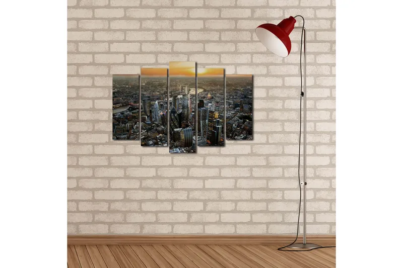 Stort lerretsbilde i 5 deler 105x70 cm - Storslått bybilde med moderne skyskrapere ved solnedgang - Mørk blå / Oransje / Grå - Interiør - Maleri & posters - Lerretsbilder