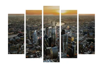 Stort lerretsbilde i 5 deler 105x70 cm - Storslått bybilde med moderne skyskrapere ved solnedgang - Mørk blå / Oransje / Grå - Interiør - Maleri & posters - Lerretsbilder