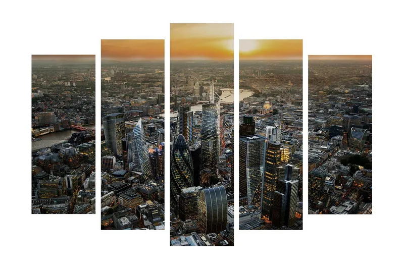 Stort lerretsbilde i 5 deler 105x70 cm - Storslått bybilde med moderne skyskrapere ved solnedgang - Mørk blå / Oransje / Grå - Interiør - Maleri & posters - Lerretsbilder