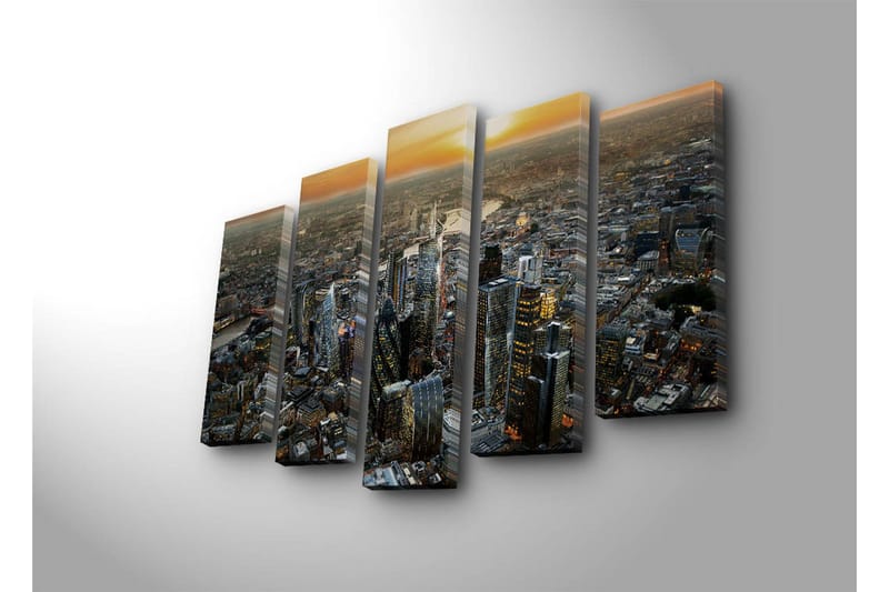 Stort lerretsbilde i 5 deler 105x70 cm - Storslått bybilde med moderne skyskrapere ved solnedgang - Mørk blå / Oransje / Grå - Interiør - Maleri & posters - Lerretsbilder