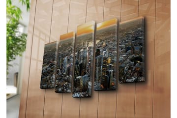 Stort lerretsbilde i 5 deler 105x70 cm - Storslått bybilde med moderne skyskrapere ved solnedgang - Mørk blå / Oransje / Grå - Interiør - Maleri & posters - Lerretsbilder