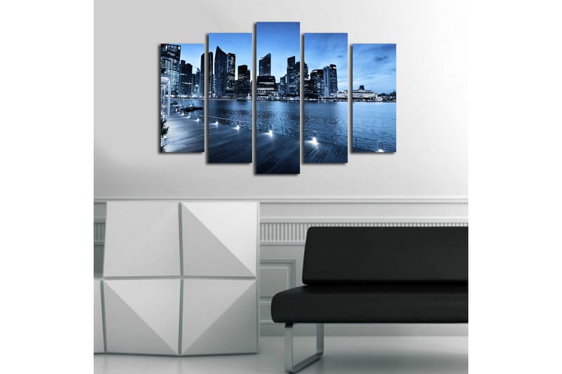 Stort lerretsbilde i 5 deler 105x70 cm - Storslått bybilde ved vannet med moderne skyskrapere - Blå / Mørk blå / Grå - Interiør - Maleri & posters - Lerretsbilder