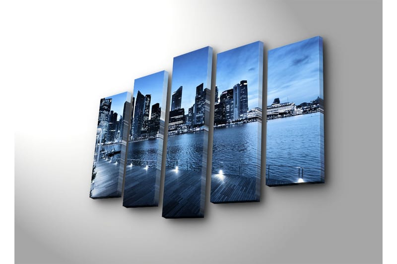 Stort lerretsbilde i 5 deler 105x70 cm - Storslått bybilde ved vannet med moderne skyskrapere - Blå / Mørk blå / Grå - Interiør - Maleri & posters - Lerretsbilder