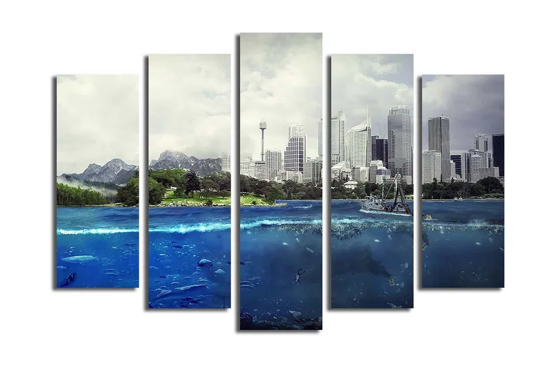 Stort lerretsbilde i 5 deler 105x70 cm - Storslått bysilhuett med hav og fjell i forgrunnen - Blå / Grønn / Grå - Interiør - Maleri & posters - Lerretsbilder