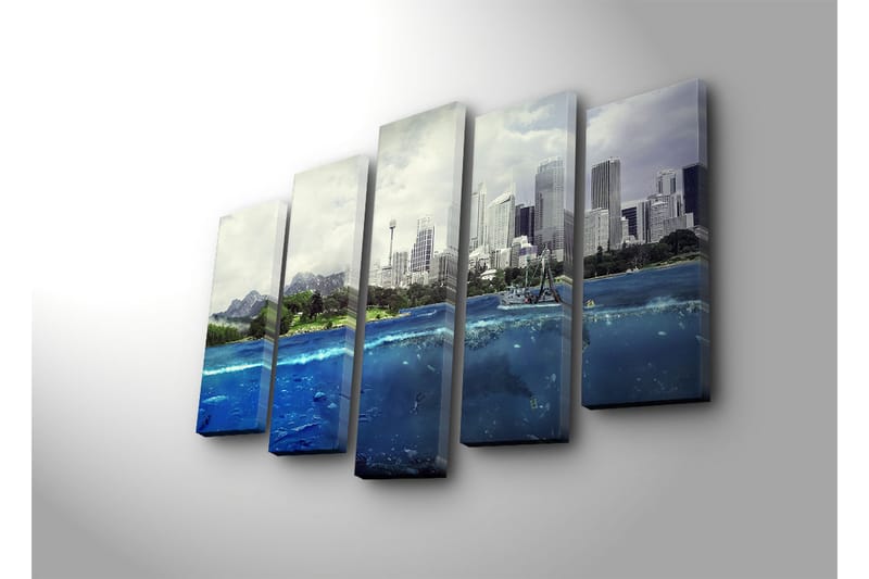 Stort lerretsbilde i 5 deler 105x70 cm - Storslått bysilhuett med hav og fjell i forgrunnen - Blå / Grønn / Grå - Interiør - Maleri & posters - Lerretsbilder