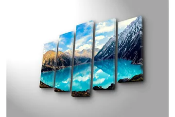 Stort lerretsbilde i 5 deler 105x70 cm - Storslått fjellsjø omgitt av majestetiske fjelltopper - Turkis / Brun / Hvit - Interiør - Maleri & posters - Lerretsbilder