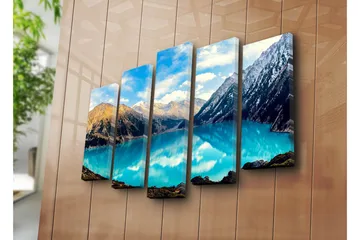 Stort lerretsbilde i 5 deler 105x70 cm - Storslått fjellsjø omgitt av majestetiske fjelltopper - Turkis / Brun / Hvit - Interiør - Maleri & posters - Lerretsbilder