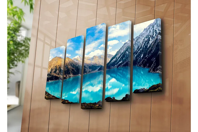 Stort lerretsbilde i 5 deler 105x70 cm - Storslått fjellsjø omgitt av majestetiske fjelltopper - Turkis / Brun / Hvit - Interiør - Maleri & posters - Lerretsbilder