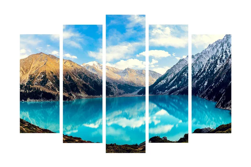 Stort lerretsbilde i 5 deler 105x70 cm - Storslått fjellsjø omgitt av majestetiske fjelltopper - Turkis / Brun / Hvit - Interiør - Maleri & posters - Lerretsbilder
