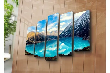 Stort lerretsbilde i 5 deler 105x70 cm - Storslått fjellsjø omgitt av majestetiske fjelltopper - Turkis / Brun / Hvit - Interiør - Maleri & posters - Lerretsbilder