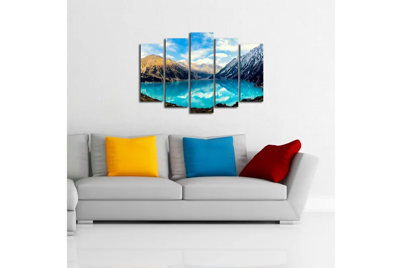 Stort lerretsbilde i 5 deler 105x70 cm - Storslått fjellsjø omgitt av majestetiske fjelltopper - Turkis / Brun / Hvit - Interiør - Maleri & posters - Lerretsbilder
