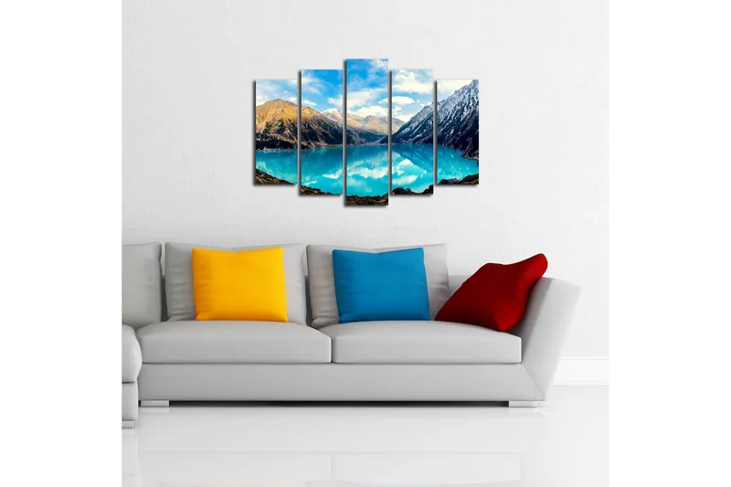 Stort lerretsbilde i 5 deler 105x70 cm - Storslått fjellsjø omgitt av majestetiske fjelltopper - Turkis / Brun / Hvit - Interiør - Maleri & posters - Lerretsbilder