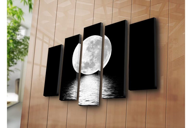 Stort lerretsbilde i 5 deler 105x70 cm - Storslått fullmåne speilet i vannoverflaten - Hvit / Svart - Interiør - Maleri & posters - Lerretsbilder