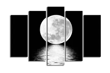 Stort lerretsbilde i 5 deler 105x70 cm - Storslått fullmåne speilet i vannoverflaten - Hvit / Svart - Interiør - Maleri & posters - Lerretsbilder