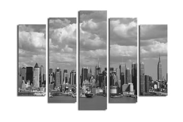 Stort lerretsbilde i 5 deler 105x70 cm - Svart-hvitt bybilde av en skyline med høye bygninger - Svart / Hvit / Grå - Interiør - Maleri & posters - Lerretsbilder
