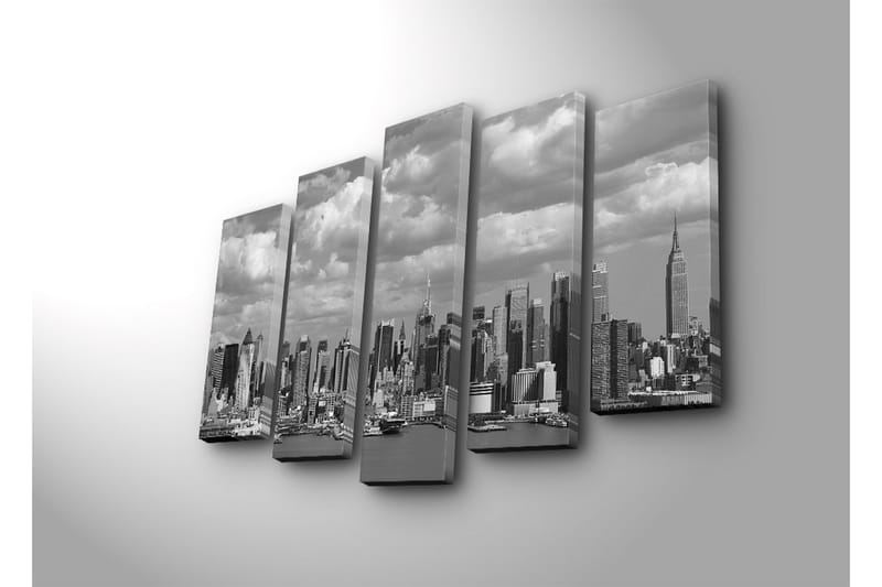 Stort lerretsbilde i 5 deler 105x70 cm - Svart-hvitt bybilde av en skyline med høye bygninger - Svart / Hvit / Grå - Interiør - Maleri & posters - Lerretsbilder