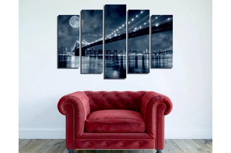 Stort lerretsbilde i 5 deler 105x70 cm - Svart-hvitt bybilde med bro og måne om natten - Svart / Grå / Hvit - Interiør - Maleri & posters - Lerretsbilder