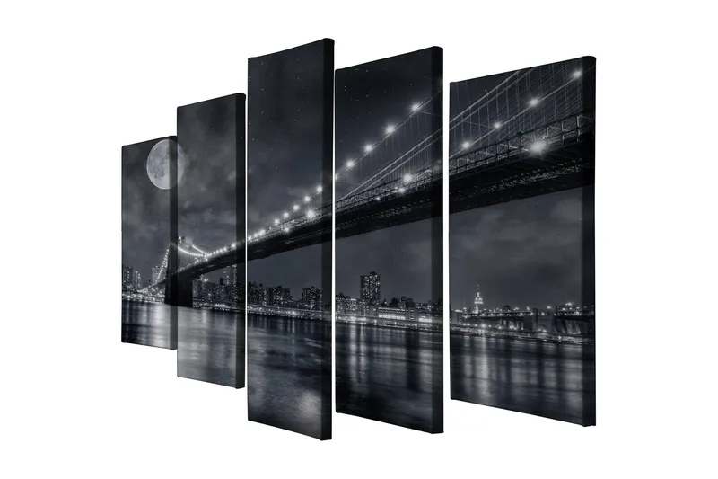 Stort lerretsbilde i 5 deler 105x70 cm - Svart-hvitt bybilde med bro og måne om natten - Svart / Grå / Hvit - Interiør - Maleri & posters - Lerretsbilder